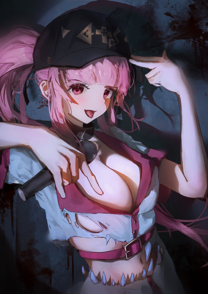 1girl \n/ absurdres baseball_cap belt breasts cleavage finger_gun finger_gun_to_head greedice hat highres holding holding_microphone hololive hololive_english large_breasts looking_at_viewer microphone mori_calliope navel pink_hair ponytail red_eyes shirt tongue tongue_out torn_clothes virtual_youtuber white_shirt