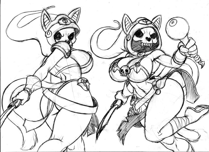 2022 absurd_res animal_skull anthro armor big_breasts big_butt bikini_armor black_and_white bone bottomwear breasts butt butt_pose chochi cleavage clothed clothing dagger duo felid feline female graphite_(artwork) hi_res huge_breasts legwear loincloth looking_back mammal melee_weapon monochrome pauldron pencil_(artwork) pose rear_view side_boob skeleton sketch skimpy skull skull_head thick_thighs traditional_media_(artwork) unconvincing_armor undead weapon wide_hips