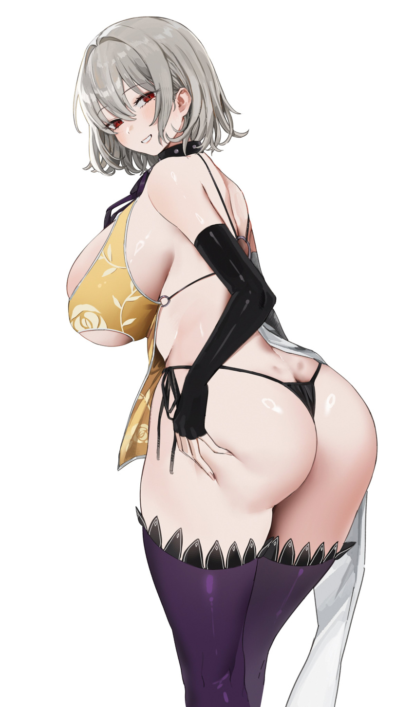 1girl absurdres artier's_character ass breasts from_behind gompang_11 grey_hair highres huge_breasts looking_at_viewer looking_back mole mole_under_eye o-ring o-ring_top original red_eyes revealing_clothes short_hair sideboob smile solo thighhighs thong