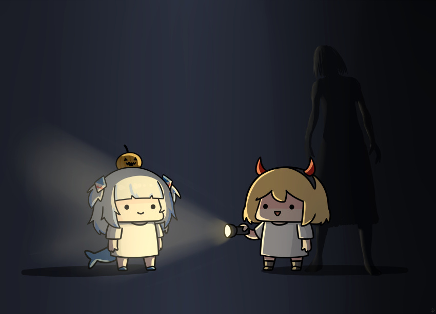 2girls absurdres arms_at_sides black_footwear blonde_hair blue_footwear blue_hair chibi closed_mouth dark_background fake_horns fins fish_tail flashlight full_body gawr_gura highres holding holding_flashlight hololive hololive_english horns horror_(theme) long_hair looking_at_another medium_hair multicolored_hair multiple_girls open_mouth phasmophobia phdpigeon pumpkin_on_head shark_tail shirt smile solid_circle_eyes standing streaked_hair t-shirt tail two-tone_hair virtual_youtuber watson_amelia white_hair white_shirt