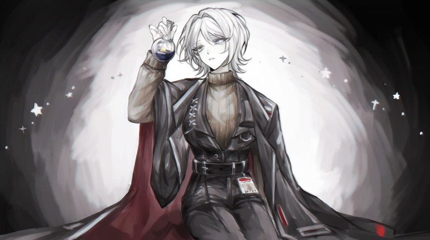1girl arm_up belt black_belt black_coat black_pants blue_eyes breasts brown_sweater coat faust_(project_moon) flask hand_up highres holding holding_flask id_card large_breasts limbus_company luull pants project_moon round-bottom_flask short_hair solo sweater white_hair