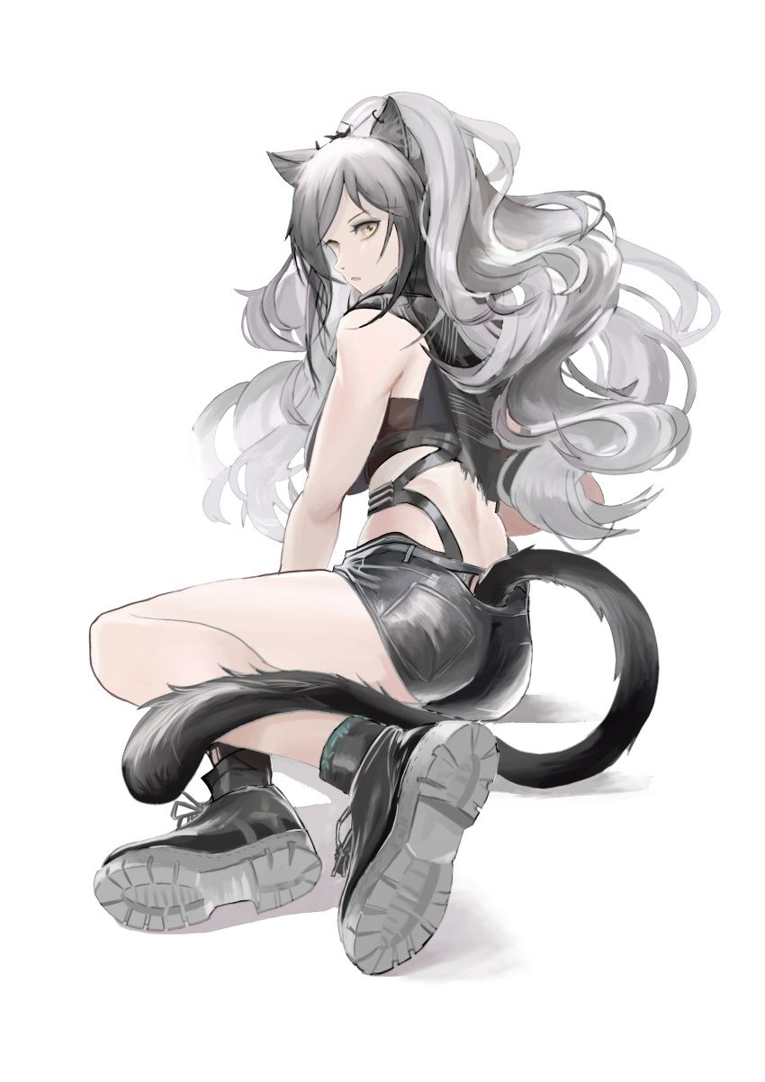 1girl absurdres animal_ears arknights ass bare_shoulders black_footwear black_scarf black_shorts breasts cat_ears cat_tail commentary_request crop_top grey_hair highres large_breasts long_hair looking_at_viewer midriff scarf schwarz_(arknights) shenhaiqiqudan shoes short_shorts shorts simple_background sleeveless solo tail thighs very_long_hair white_background yellow_eyes