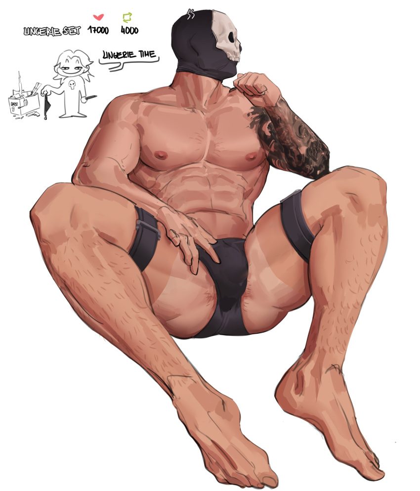 1boy abs absurdres arm_tattoo bara black_male_underwear briefs bulge call_of_duty call_of_duty:_modern_warfare_2 english_text ghost_(modern_warfare_2) highres iba_(kcokaine) large_pectorals like_and_retweet male_focus male_underwear mask meme muscular muscular_male navel nipples pectorals simple_background skull_mask solo tattoo thighs twitter_strip_game_(meme) underwear white_background