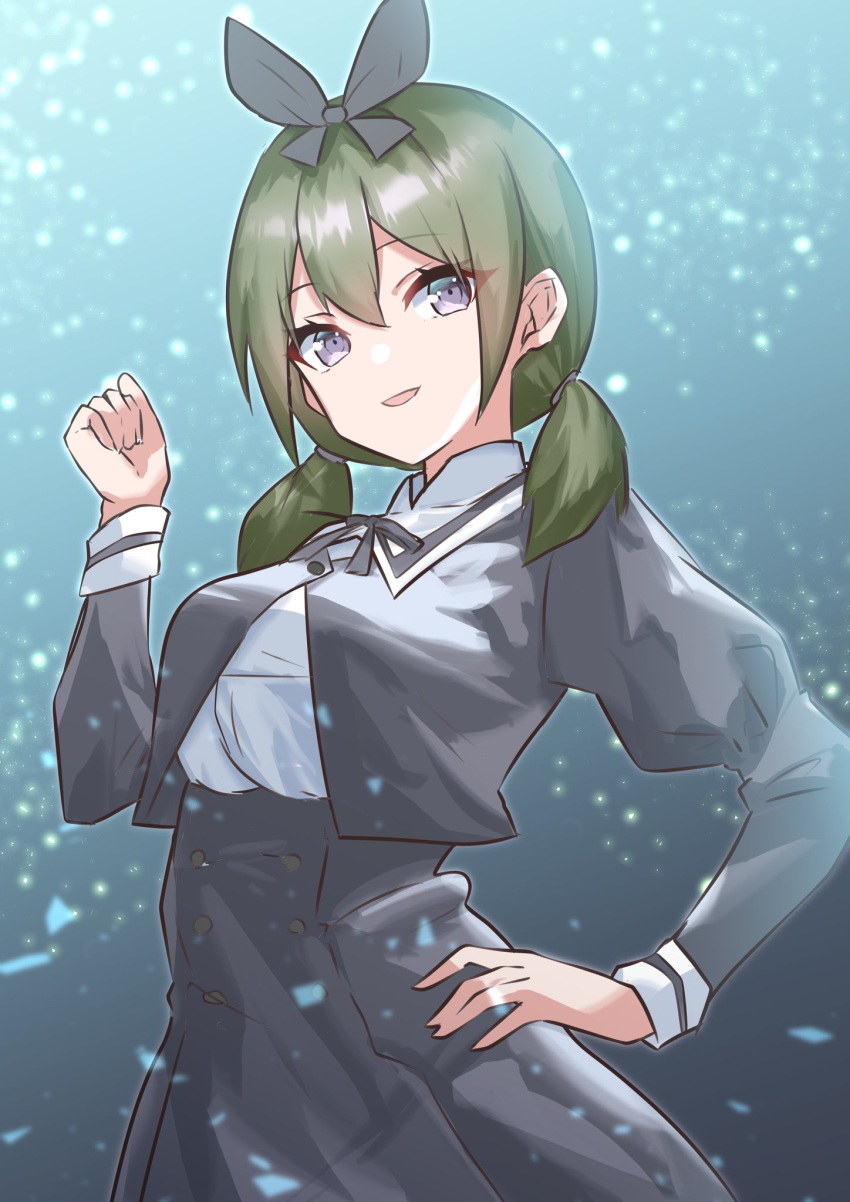 1girl aqua_background assault_lily black_background black_bow black_skirt bow breasts buttons cowboy_shot cropped_jacket gradient_background green_hair hair_between_eyes hair_bow hand_on_own_hip hand_up high-waist_skirt highres houji_tea_latte juliet_sleeves light_particles long_hair long_sleeves looking_at_viewer low_twintails medium_breasts neck_ribbon parted_lips puffy_sleeves purple_eyes ribbon school_uniform shirt skirt smile solo standing twintails white_shirt yamanashi_hibari yurigaoka_girls_academy_school_uniform