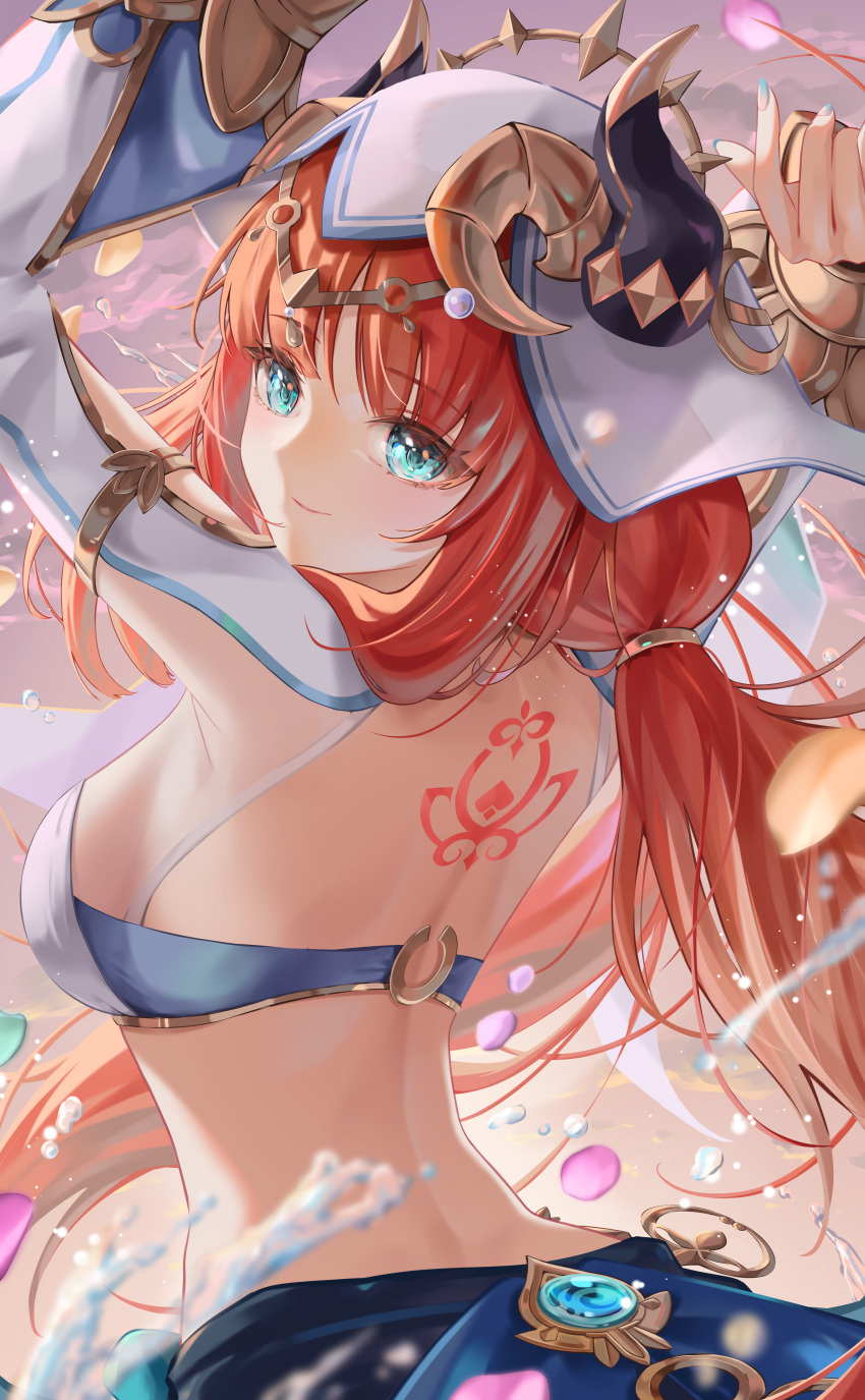 1girl absurdres aqua_eyes back back_tattoo bare_back breasts commentary_request crop_top fake_horns from_behind genshin_impact highres horns jewelry kns_hanazuna long_hair long_sleeves medium_breasts midriff nilou_(genshin_impact) puffy_sleeves red_hair smile solo tattoo upper_body veil very_long_hair vision_(genshin_impact)