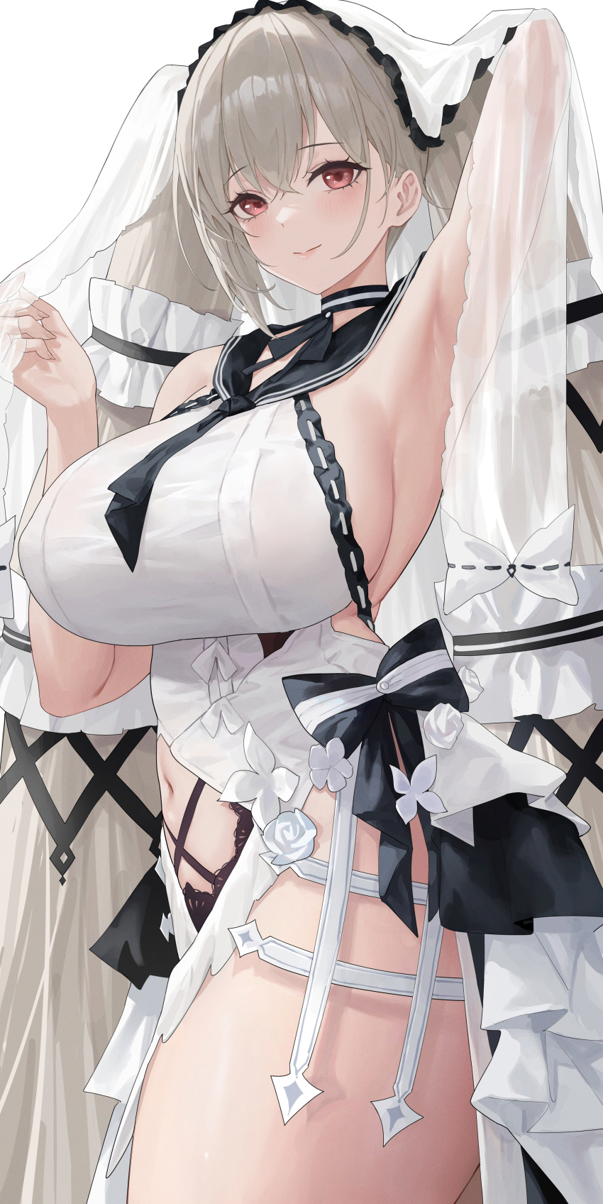 1girl absurdres arm_up armpits azur_lane black_choker black_sailor_collar breasts choker clothing_cutout commentary_request dress dress_flower formidable_(azur_lane) formidable_(timeless_classics)_(azur_lane) hair_ornament highres huge_breasts kiek_qaq long_hair looking_at_viewer navel navel_cutout official_alternate_costume red_eyes sailor_collar solo thighs twintails two-tone_dress two-tone_ribbon very_long_hair white_dress