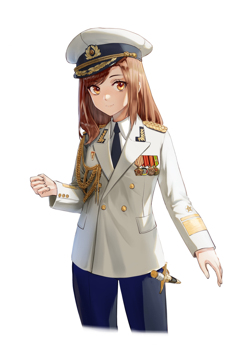 1girl absurdres black_necktie black_pants brown_eyes brown_hair closed_mouth collared_shirt cropped_legs dagger hat highres jacket knife long_hair long_sleeves looking_at_viewer military military_hat military_jacket military_uniform necktie original pants peaked_cap shirt simple_background smile solo tuzik10 uniform weapon white_background white_headwear white_jacket white_shirt