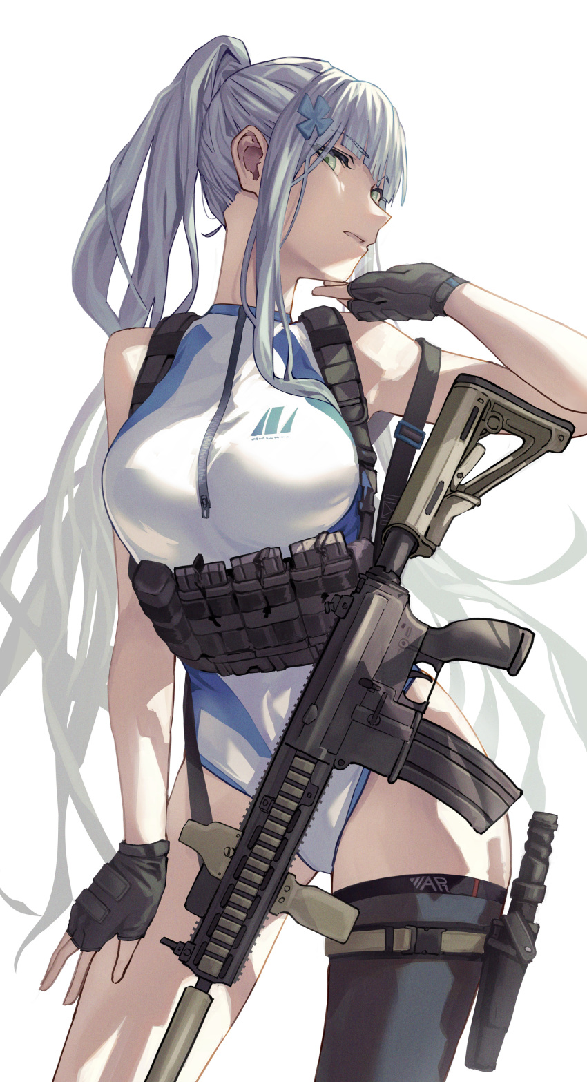 1girl absurdres assault_rifle black_gloves black_thighhighs blue_one-piece_swimsuit blunt_bangs breasts chest_harness combat_knife fingerless_gloves fujita_(condor) girls'_frontline gloves green_eyes grey_hair gun h&amp;k_hk416 hair_ornament hand_on_own_chin hand_on_own_thigh harness highleg highleg_swimsuit highres hk416_(girls'_frontline) holster knife looking_at_viewer medium_breasts one-piece_swimsuit open_mouth rifle single_thighhigh solo swimsuit thigh_holster thighhighs two-tone_swimsuit weapon white_background white_one-piece_swimsuit zipper