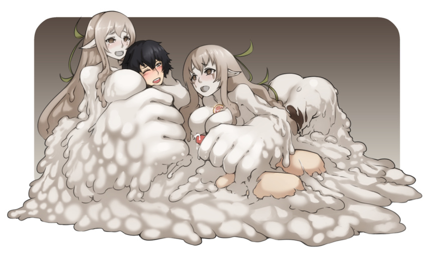 1boy 2girls ahoge ass colored_skin dorome_(monster_girl_encyclopedia) elemental_(creature) grey_skin handjob large_hands magnifire monster_girl monster_girl_encyclopedia mud multiple_girls no_feet oversized_forearms oversized_limbs pointy_ears restrained slime_girl