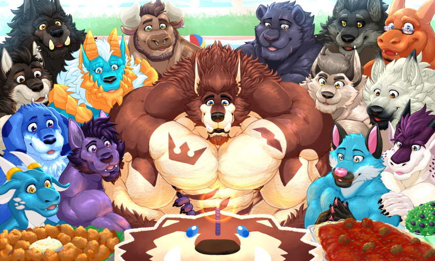 2021 2_horns abdominal_scar abs anthro arm_tuft beard birthday birthday_cake black_body black_fur black_hair black_snout blowing_out_candles blue_body blue_eyes blue_fur blue_scales bovid bovine brown_body brown_fur brown_hair cake candle canid canine canis capcom cattle charizard chest_scar chest_tattoo claws dessert domestic_dog dragon eye_scar eyewear facial_hair facial_piercing facial_scar facial_spikes fanged_wyvern felid finger_claws floppy_ears food foreseth_(character) fur furniture generation_1_pokemon glasses goatee grey_body grey_fur grey_hair group hair heterochromia hi_res horn horn_jewelry horn_ring jewelry kouya_wulfhardt lit_candle long_hair male mammal meatball monster_hunter multicolored_body multicolored_fur multicolored_scales muscular muscular_anthro muscular_male nintendo nose_piercing orange_body orange_eyes orange_scales outside pantherine pasta pawpads pecs piercing pink_inner_ear pink_nose pink_pawpads pokemon pokemon_(species) purple_body purple_eyes purple_fur purple_hair raikuro_akumura ring_(jewelry) rujirublkdragon scales scalie scar septum_piercing sideburns spaghetti spikes spikes_(anatomy) table tan_body tan_fur tattoo titandraugen tuft tusks two_tone_body two_tone_fur two_tone_scales vaisz_(character) were werecanid werecanine werethrope_laporte white_body white_eyes white_fur white_hair white_scales wolf yellow_eyes zinogre