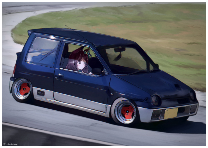 1girl animal_ears balladeluce blush bow brown_eyes brown_hair car driving grass green_bow hair_bow highres horse_ears horse_girl mejiro_dober_(umamusume) motor_vehicle racetrack solo stance_(vehicle) suzuki_(company) suzuki_alto twitter_username umamusume vehicle_focus