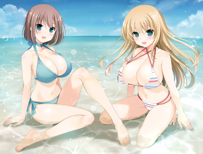 2girls :d absurdres bare_arms bare_legs barefoot bikini blonde_hair blue_bikini blue_eyes blue_sky blush breasts brown_hair cleavage cloud collarbone day feet hair_between_eyes highres kneeling kobayashi_ritz large_breasts long_hair looking_at_viewer multiple_girls navel ocean official_art oohoshi_awai outdoors partially_submerged saki short_hair sitting sky smile stomach striped striped_bikini swimsuit toes unozawa_shiori wet white_bikini