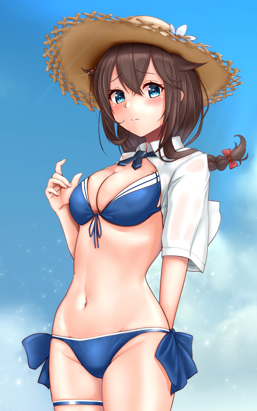 1girl bikini blue_bikini blue_eyes blush braid breasts brown_hair brown_headwear cleavage closed_mouth cowboy_shot groin hair_between_eyes hat highres kantai_collection large_breasts long_hair looking_at_viewer mesera navel open_clothes open_shirt shigure_(kancolle) shigure_kai_san_(kancolle) shirt short_sleeves single_braid solo straw_hat swimsuit thigh_strap white_shirt