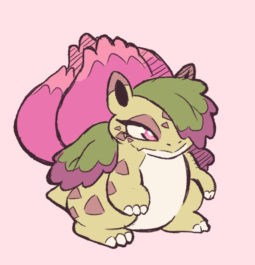 biped claws female feral flower generation_1_pokemon green_body hair hair_over_eye hi_res ivysaur labbit1337 lashes leaf_over_eye narrowed_eyes nintendo one_eye_obstructed pink_background pink_eyes plant pokemon pokemon_(species) simple_background solo