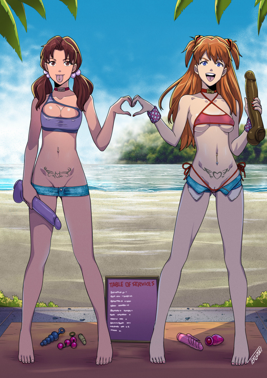 2girls :p absurdres anal_beads bare_arms bare_legs bare_shoulders barefoot beach blue_sky bracelet breasts butt_plug cameltoe choker cleavage covered_nipples criss-cross_halter day dildo exposed_pocket full_body hair_ornament halterneck heart heart_hands heart_hands_duo highres holding holding_sex_toy huge_dildo jewelry long_hair medium_breasts menu_board micro_panties micro_shorts microskirt midriff multiple_girls nail_polish navel navel_piercing neon_genesis_evangelion nipple_piercing no_panties ocean open_fly open_mouth orange_hair outdoors panties piercing pubic_tattoo pussy pussy_peek see-through sex_toy shorts sideboob skirt sky smile souryuu_asuka_langley standing stomach tattoo tekuho_no_habo tongue tongue_out tongue_piercing twintails underboob underwear vibrator