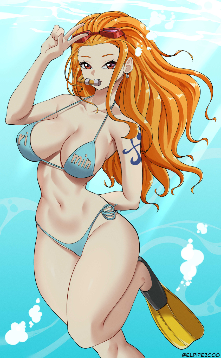 1girl absurdres arm_behind_back bikini blue_bikini breasts brown_eyes collarbone earrings elpipe_3000 flippers forehead goggles goggles_on_head groin highres jewelry large_breasts long_hair looking_at_viewer nami_(one_piece) navel one_piece orange_hair pearl_earrings shoulder_tattoo snorkel snorkel_in_mouth solo stomach submerged swimsuit tattoo thighs v very_long_hair water wavy_hair wide_hips