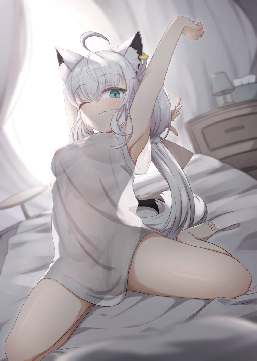 1girl ahoge animal_ear_fluff animal_ears arm_up backlighting bed blurry blurry_background blush braid breasts commentary covered_nipples curtains dutch_angle earrings fox_ears fox_girl fox_tail green_eyes hair_between_eyes hashira_14 highres hololive indoors jewelry long_hair looking_at_viewer medium_breasts nipples one_eye_closed see-through see-through_shirt shirakami_fubuki shirt short_sleeves sidelocks single_braid sitting solo stretching tail virtual_youtuber wariza white_hair white_shirt