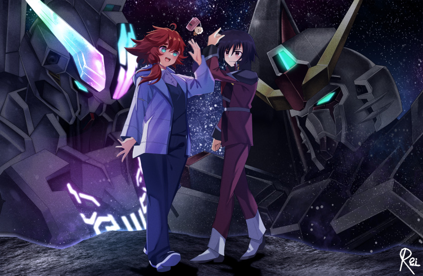 1boy 1girl aqua_eyes artist_name black_hair cellphone crossover destiny_gundam english_commentary flip_phone glowing green_eyes gundam gundam_calibarn gundam_seed gundam_seed_destiny gundam_suisei_no_majo highres long_hair low_ponytail mecha mobile_suit phone red_eyes red_hair reiei_8 robot shinn_asuka short_hair sky star_(sky) starry_sky suletta_mercury thick_eyebrows v-fin