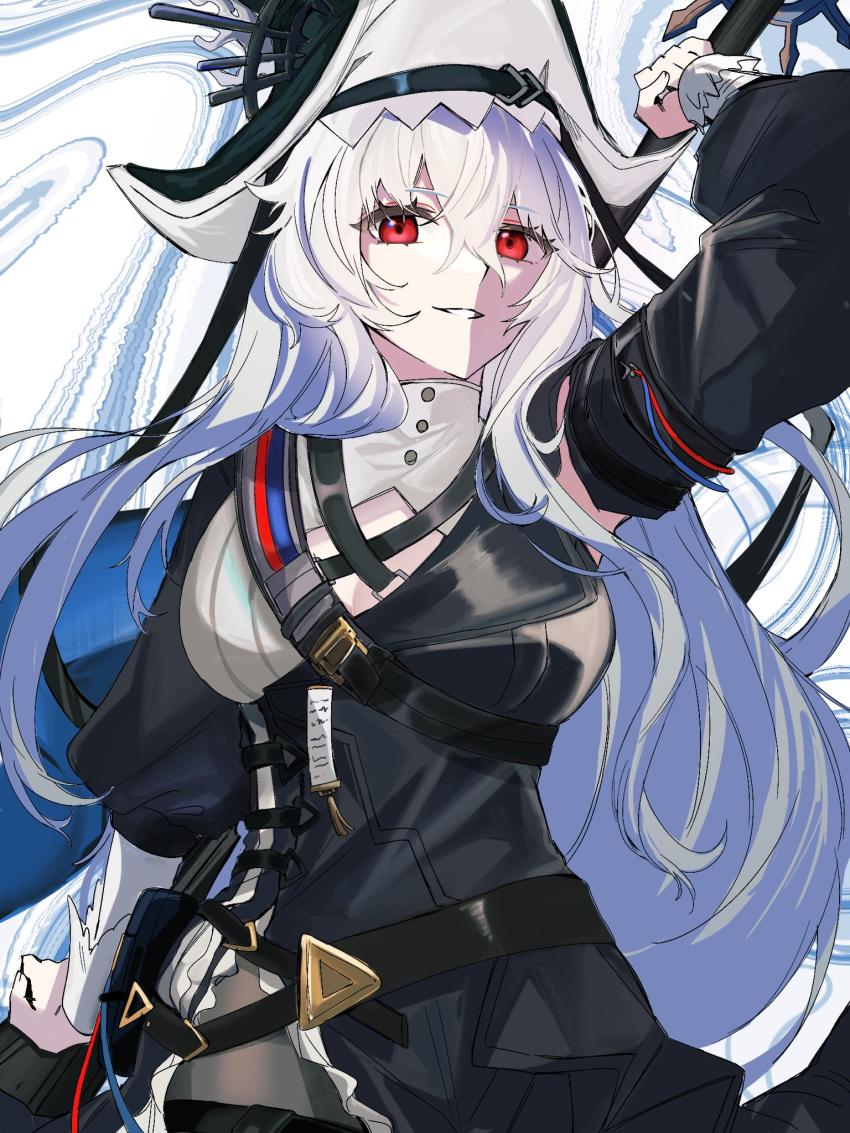 1girl arknights belt black_dress breasts cleavage cleavage_cutout clothing_cutout dress hat highres holding holding_polearm holding_weapon long_hair polearm red_eyes side_slit smile soramaru_310 specter_(arknights) specter_the_unchained_(arknights) weapon white_hair