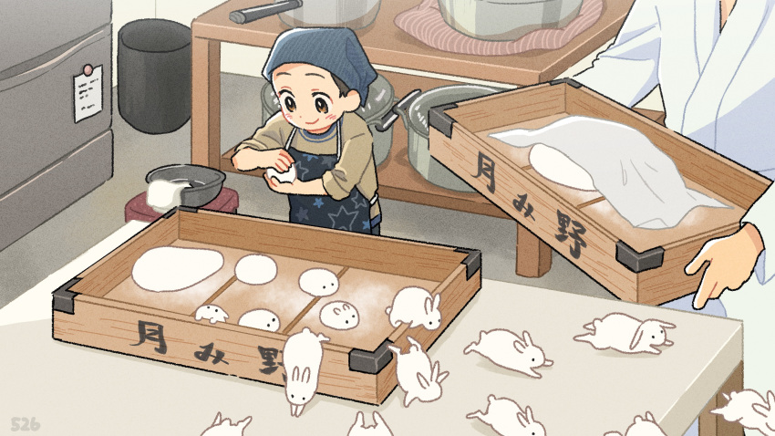 1boy 1girl apron blush brown_eyes brown_hair brown_shirt closed_mouth cooking_pot dough dumpling food highres holding holding_food indoors kitchen kojiro337 long_sleeves looking_at_object magnet note original print_apron rabbit shirt sleeves_rolled_up smile table transformation wooden_table