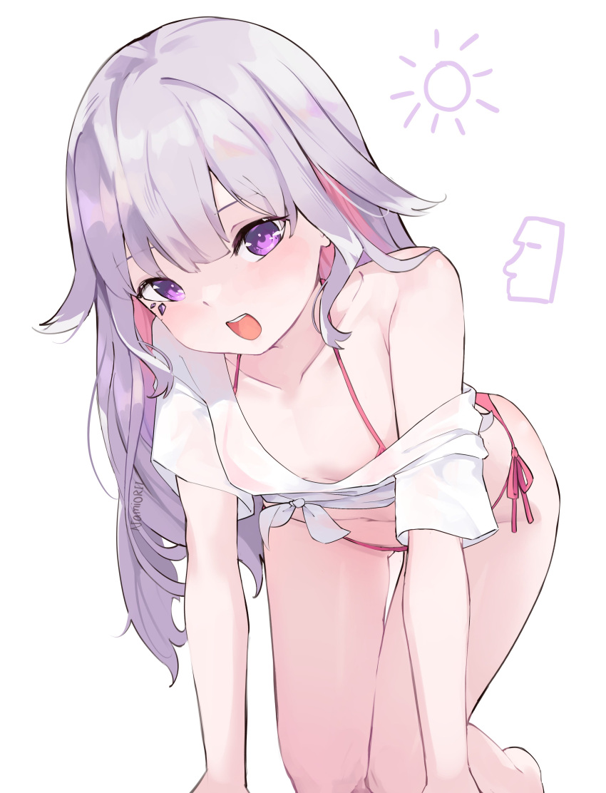 1girl :d absurdres all_fours artist_name bare_shoulders bikini breasts collarbone gem gradient_hair grey_hair highres hololive hololive_english jewel_under_eye koseki_bijou long_hair looking_at_viewer micro_bikini multicolored_hair namiorii navel open_mouth pink_hair purple_eyes purple_hair see-through see-through_shirt shirt side-tie_bikini_bottom sidelocks simple_background small_breasts smile solo swimsuit teeth upper_body virtual_youtuber wavy_hair white_background white_shirt