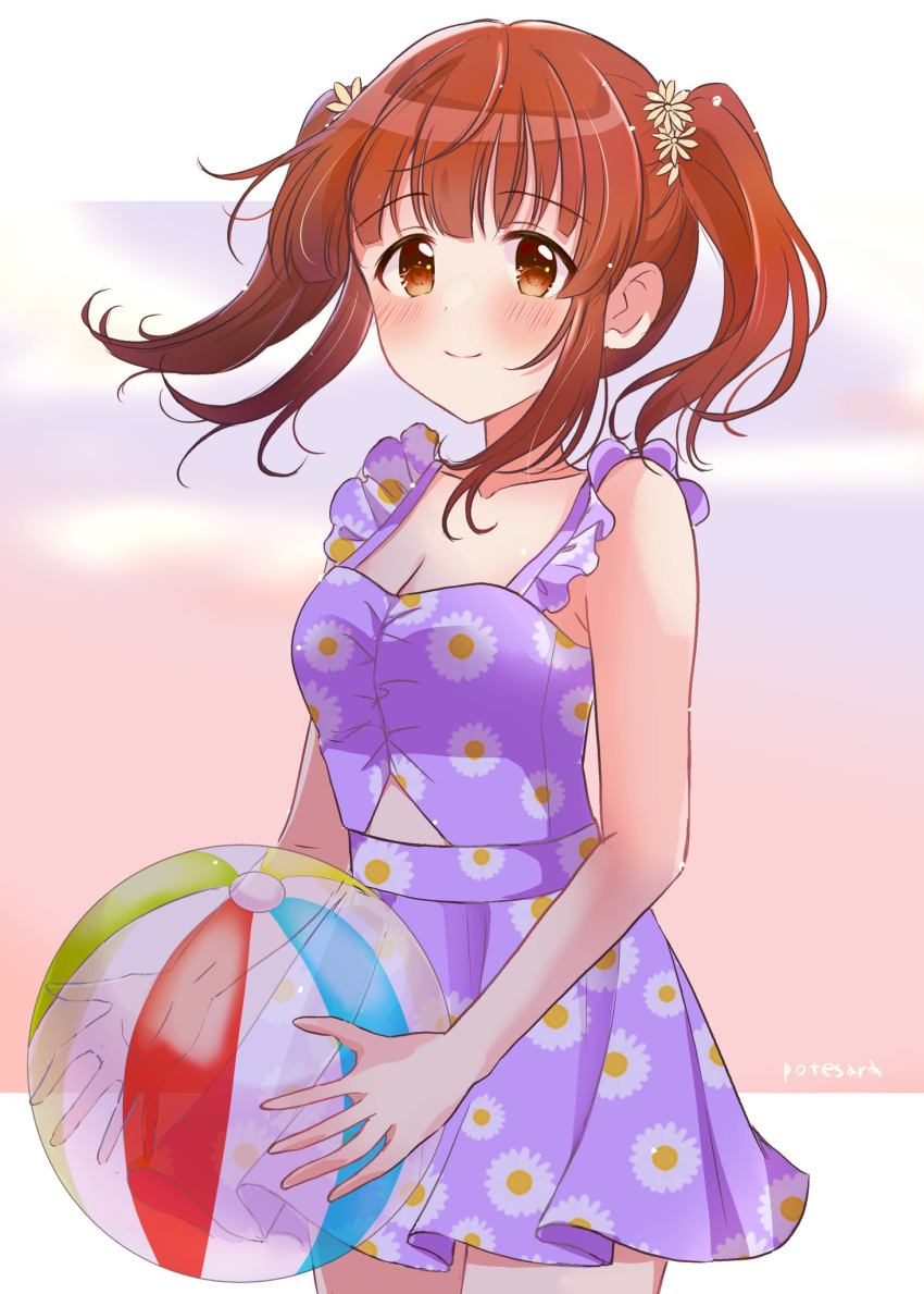 1girl artist_name ball beachball bikini bikini_skirt blush bow breasts brown_eyes brown_hair cleavage closed_mouth cloud cloudy_sky collarbone dot_nose evening floral_print flower grid_background hair_flower hair_ornament highres holding holding_ball idolmaster idolmaster_cinderella_girls idolmaster_cinderella_girls_starlight_stage long_hair looking_at_viewer medium_breasts ogata_chieri potesara888 purple_bikini sidelocks sky smile solo swimsuit twintails