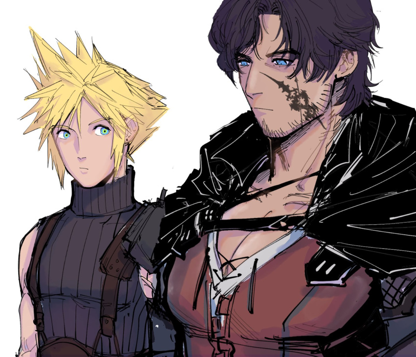 2boys armor black_cape black_hair black_sweater blonde_hair blue_eyes cape clive_rosfield closed_mouth cloud_strife collarbone ear_piercing facial_hair facial_tattoo final_fantasy final_fantasy_vii final_fantasy_xvi highres male_focus multiple_boys pauldrons pectoral_cleavage pectorals piercing red_shirt shirt short_hair shoulder_armor simple_background single_pauldron sketch slackertherubycat sleeveless sleeveless_turtleneck spiked_hair suspenders sweater tattoo turtleneck upper_body white_background