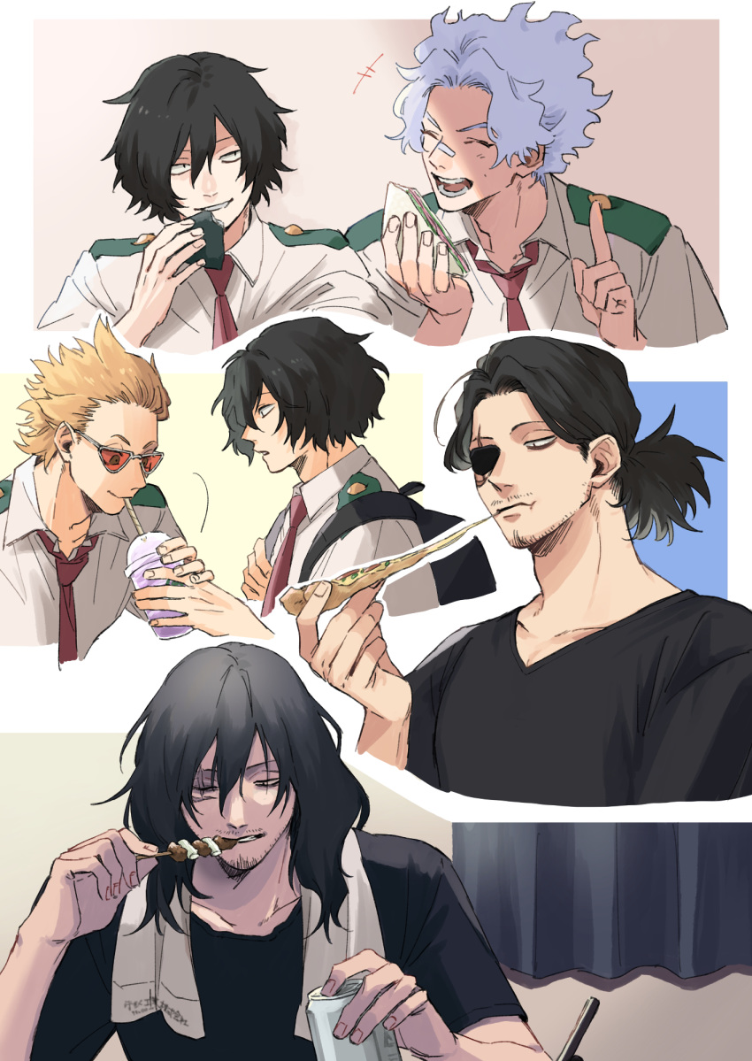 3boys bandage_on_face bandages bandaid bandaid_on_face bandaid_on_nose beer_can biting black_hair black_shirt blonde_hair boku_no_hero_academia can drinking eraser_head_(boku_no_hero_academia) eyepatch food grey_hair highres holding holding_can holding_food holding_pizza holding_sandwich holding_skewer loud_cloud male_focus multiple_boys multiple_views onigiri pizza pizza_slice ponytail present_mic rnuyvm sandwich school_uniform shirt skewer t-shirt tinted_eyewear towel towel_around_neck