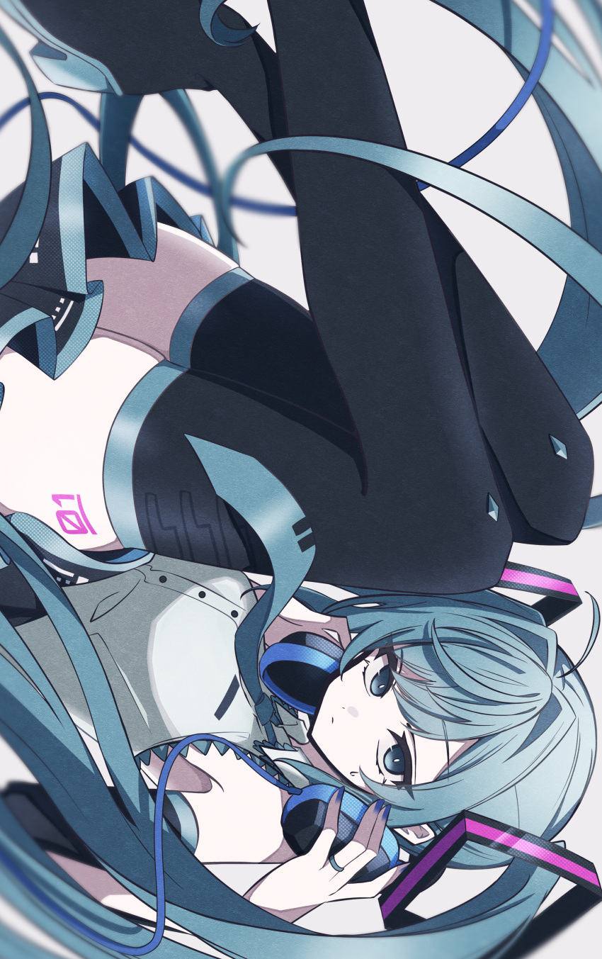 1girl absurdres black_footwear black_skirt black_sleeves blue_eyes blue_hair blue_nails boots closed_mouth detached_sleeves dress_shirt floating_hair grey_background hair_between_eyes hair_ornament hatsune_miku headphones headphones_around_neck highres jewelry leg_tattoo long_hair miniskirt nail_polish nanashnojo number_tattoo pleated_skirt ring shirt skindentation skirt sleeveless sleeveless_shirt solo sweatdrop tattoo thigh_boots twintails very_long_hair vocaloid white_shirt zettai_ryouiki