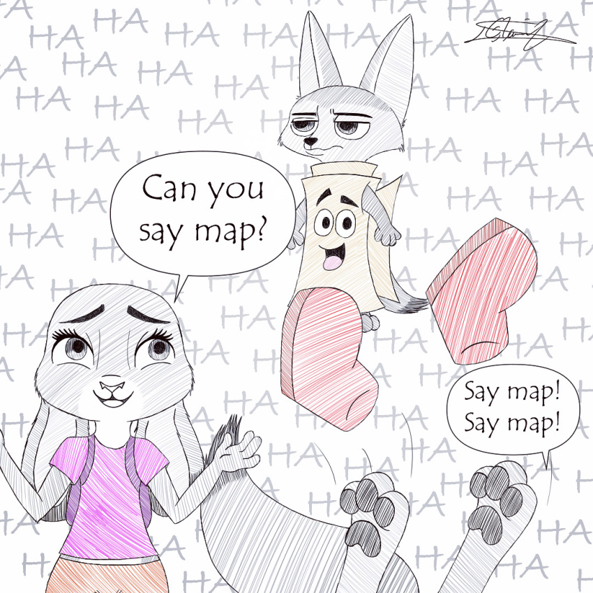 anthro bottomwear canid canine clothing crossover disney female finnick_(zootopia) fox group hatakeclarissarts inktober inktober_2023 judy_hopps lagomorph leporid male male/female mammal map nick_wilde rabbit shorts trio zootopia zootopia_shorts