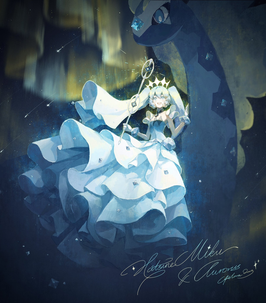 1girl aurora aurorus diamond_(shape) dress frilled_dress frills gloves gradient_hair hatsune_miku highres holding holding_wand long_hair multicolored_hair off_shoulder open_mouth pendant_choker pokemon pokemon_(creature) polora project_voltage rock_miku_(project_voltage) twintails veil very_long_hair vocaloid wand