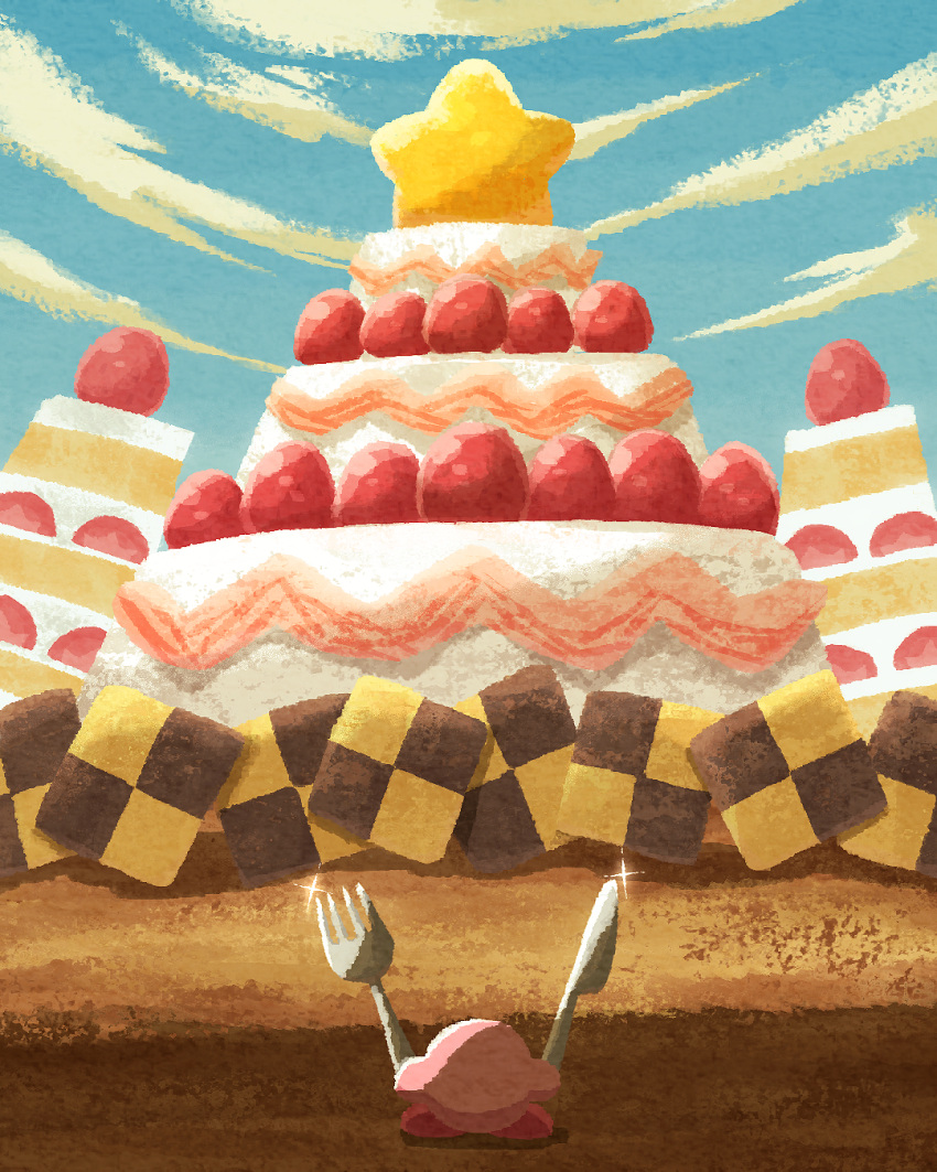 cake checkerboard_cookie cloud cookie food food_focus fork fruit glint highres holding holding_fork holding_knife kirby kirby_(series) knife miclot no_humans pink_footwear shoes strawberry