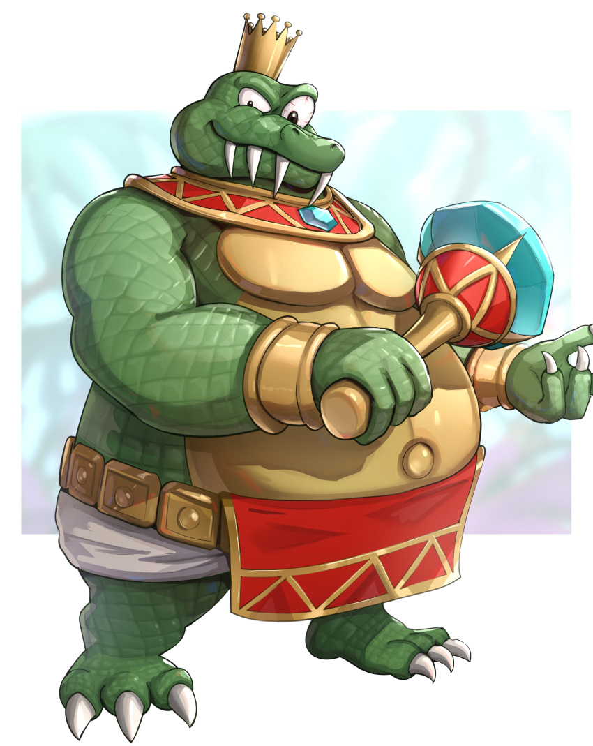 1boy absurdres bloodshot_eyes claws crown donkey_kong_(series) full_body gonzarez highres king_k._rool looking_at_viewer pelvic_curtain sharp_teeth smile teeth white_background