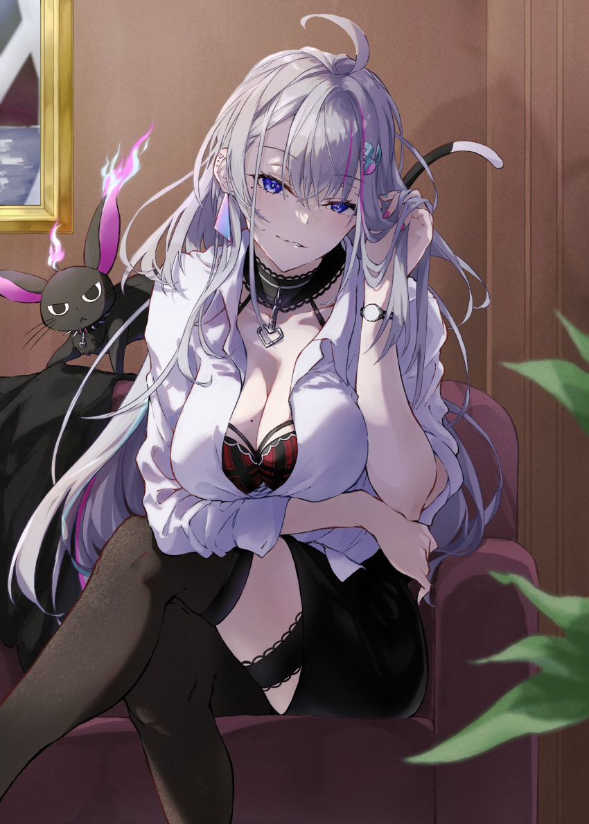 1girl absurdres ahoge animal asahi_tsujino black_choker black_collar black_jacket black_skirt black_thighhighs blue_eyes blue_nails bra breasts choker cleavage collar collared_shirt commission couch crossed_legs earrings ember_amane grey_hair hair_ornament hand_in_own_hair heart highres jacket jacket_removed jewelry large_breasts long_hair mole mole_on_breast multicolored_fire multicolored_hair office_lady on_couch pencil_skirt phase_connect pink_hair pink_nails plaid plaid_bra plant red_bra second-party_source shirt sitting skeb_commission skirt spiked_collar spikes streaked_hair thigh_strap thighhighs triangle_earrings two-tone_nails underwear watch white_shirt wristwatch
