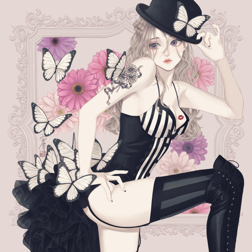 1girl absurdres arm_tattoo black_corset black_footwear black_headwear black_thighhighs boots breasts bug butterfly closed_mouth corset cowboy_shot flower flower_tattoo foot_up from_side hand_on_headwear hand_on_own_hip hand_up hat highres lipstick_mark long_hair looking_at_viewer looking_to_the_side medium_breasts nail_polish original purple_eyes purple_flower solo striped striped_corset striped_thighhighs tattoo thigh_boots thighhighs ushiyama_ame vertical-striped_thighhighs vertical_stripes