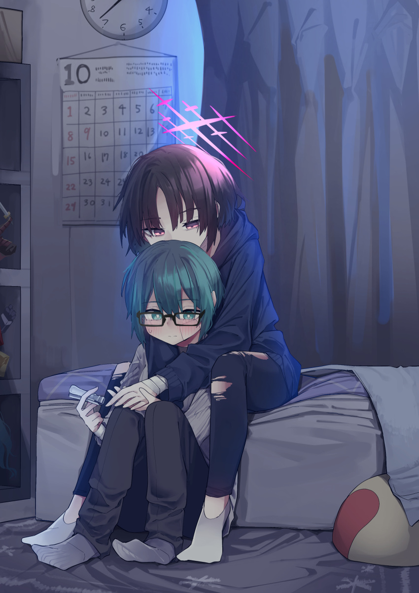 2girls absurdres bed black-framed_eyewear black_hair black_hoodie black_pants blue_archive calendar_(object) clock female_sensei_(blue_archive) glasses green_eyes green_hair grey_socks hair_between_eyes halo highres hood hoodie indoors long_sleeves misaki_(blue_archive) multiple_girls pants red_eyes red_halo sensei_(blue_archive) short_hair socks torn_clothes torn_pants vivo_(vivo_sun_0222) wall_clock white_socks