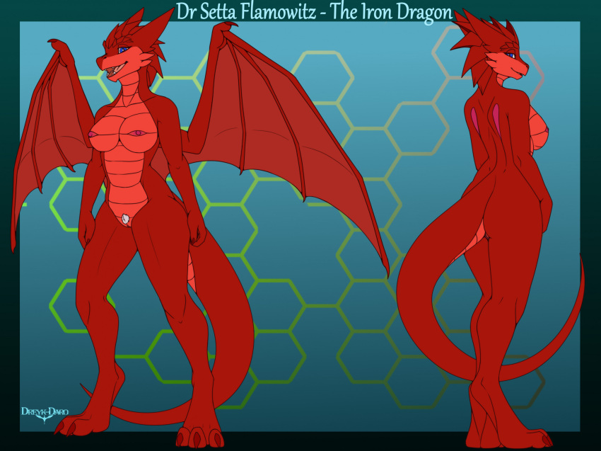 2023 3_toes anthro blue_eyes breasts claws digitigrade dragon dreyk-daro english_text exposure_variation feet female genitals hi_res looking_at_viewer looking_back looking_back_at_viewer medium_breasts membrane_(anatomy) membranous_wings nipples non-mammal_breasts nude open_mouth pubes pussy red_body red_nipples red_scales scales scalie setta_flamowitz simple_background solo standing text toe_claws toes western_dragon white_pubes wings