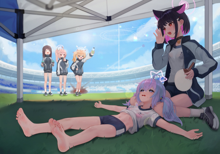 5girls absurdres ahoge airi_(blue_archive) animal_ears arm_up barefoot black_choker black_hair blonde_hair blue_archive blue_eyes blue_hair bottle brown_hair cat_ears choker closed_eyes clothes_lift colored_inner_hair feet grass gym_uniform hair_between_eyes halo highres holding holding_bottle jacket kazusa_(blue_archive) long_hair long_sleeves lying multicolored_hair multiple_girls natsu_(blue_archive) navel on_back open_clothes open_jacket open_mouth outdoors pink_hair red_eyes reisa_(blue_archive) shirt shirt_lift shoes short_hair short_sleeves sitting sneakers socks standing sweat toes track_jacket twintails white_shirt white_socks whonyang yoshimi_(blue_archive)
