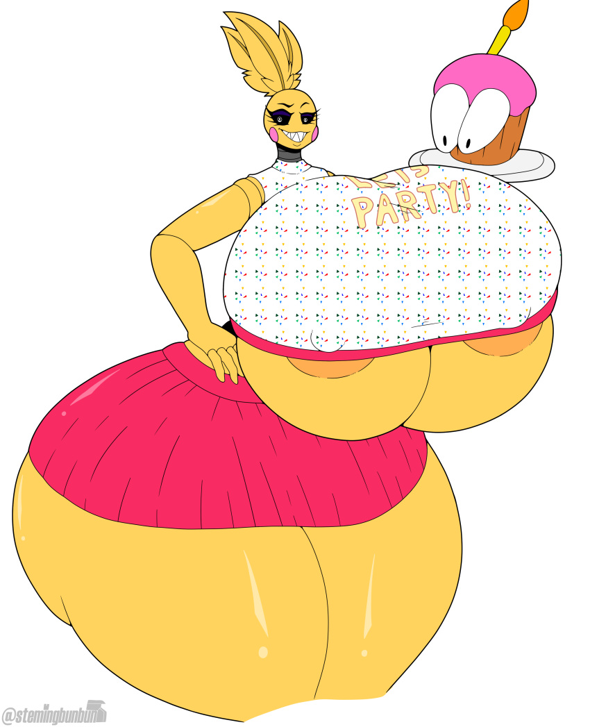 absurd_res animatronic anthro areola avian beakless big_breasts big_butt bird black_sclera blush blush_stickers bottomwear breasts bulging_eyes butt chicken clothing cupcake_(fnaf) duo english_text exclamation_point female five_nights_at_freddy's five_nights_at_freddy's_2 galliform gallus_(genus) hi_res huge_breasts huge_butt huge_thighs hyper hyper_breasts machine nipple_outline orange_areola phasianid robot scottgames sharp_teeth shirt skirt smile stemingbunbun teeth text thick_thighs topwear toy_chica_(fnaf) white_eyes yellow_body