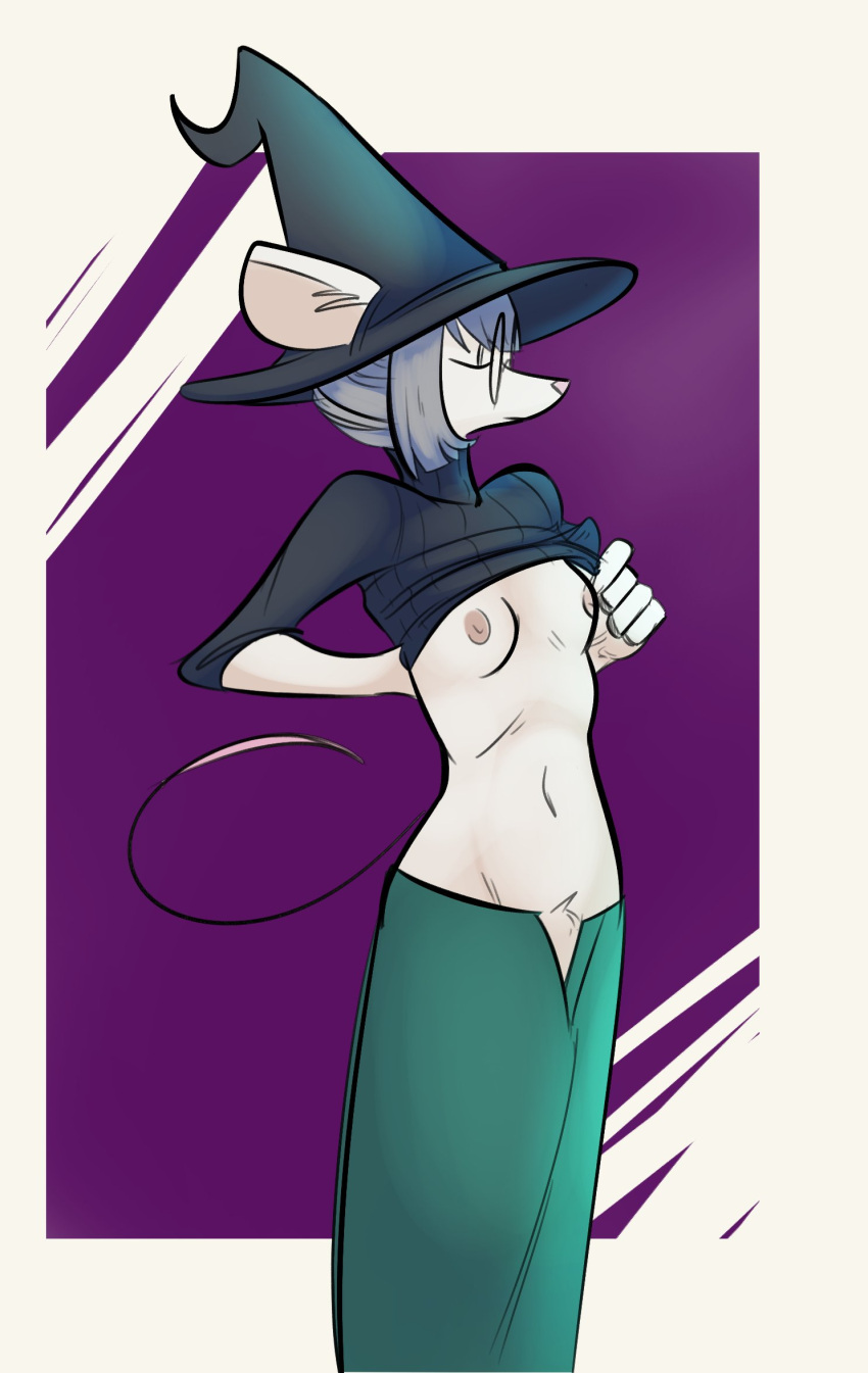 anthro bottomwear breasts clothing ethan8bit eyes_closed eyewear female glasses hat headgear headwear hi_res mammal mouse murid murine nipples rodent round_glasses skirt small_breasts solo sweater sweater_lift thin_tail topwear turtleneck witch_hat