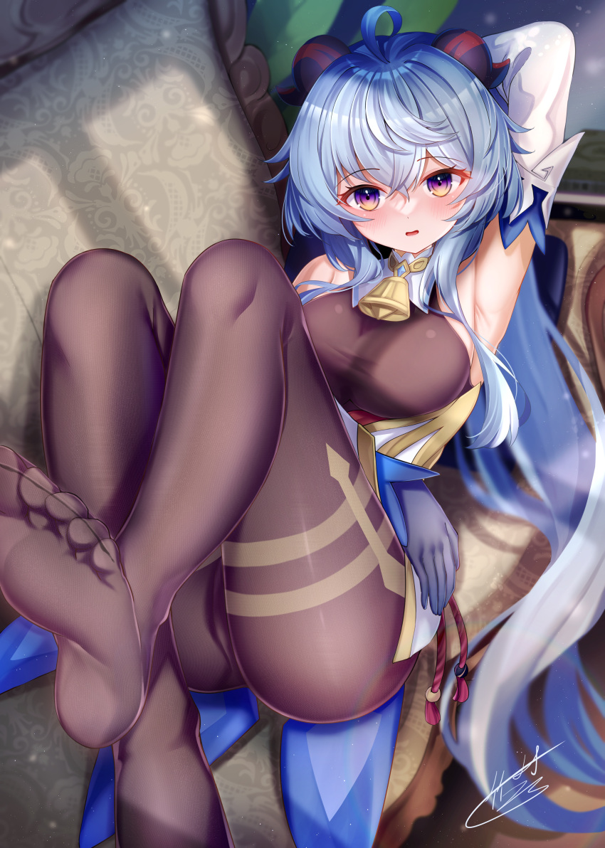 1girl absurdres ahoge arm_up armpits bell black_leotard black_pantyhose blue_gloves blue_hair blush bodystocking bow breasts cameltoe commentary_request couch detached_sleeves feet foot_out_of_frame ganyu_(genshin_impact) genshin_impact gloves gold_trim highres horns knees_up legs leotard leotard_under_clothes long_hair looking_at_viewer lying medium_breasts neck_bell no_shoes on_back open_mouth pantyhose purple_eyes sidelocks signature soles solo takemura_kou tassel thighlet thighs toes white_sleeves