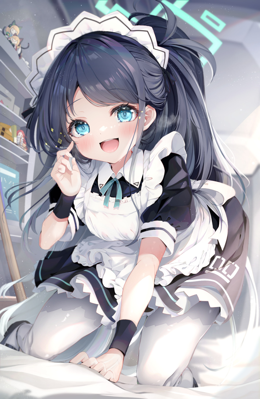 1girl all_fours apron aris_(blue_archive) aris_(maid)_(blue_archive) black_dress black_hair blue_archive blue_eyes collared_dress commentary_request dress frilled_apron frills halo hand_up highres indoors long_hair looking_at_viewer maid maid_apron midori_(blue_archive) momoi_(blue_archive) pantyhose ponytail puffy_short_sleeves puffy_sleeves shiira_(nya_rl) short_sleeves solo sparkle swept_bangs very_long_hair white_apron white_pantyhose wrist_cuffs yuzu_(blue_archive)