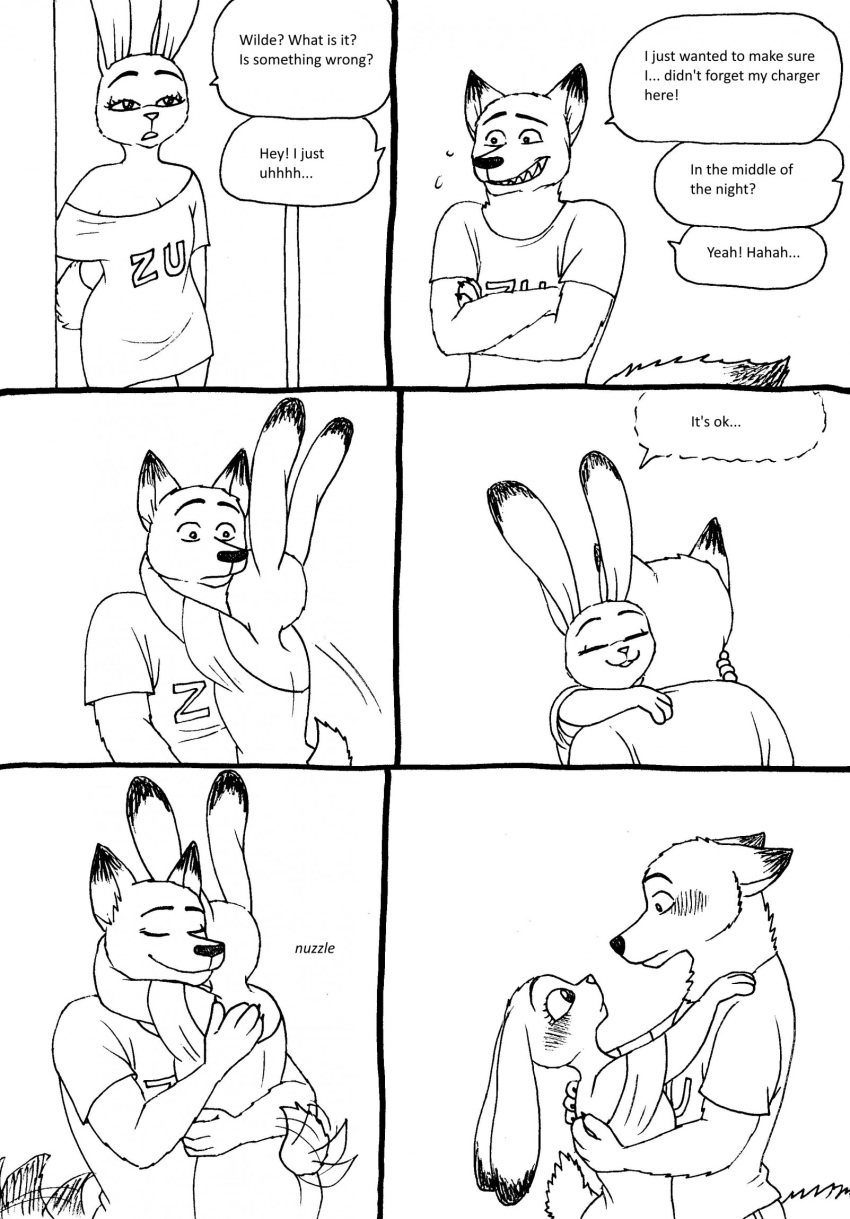 2023 4_fingers anthro baggy_clothing baggy_shirt baggy_topwear bernielover blush breasts canid canine claws cleavage clothed clothing comic crossed_arms dialogue disney duo embrace english_text eyes_closed female finger_claws fingers fox fur grin hi_res hug humanoid_hands judy_hopps lagomorph leporid male male/female mammal nervous_smile nick_wilde rabbit shirt smile speech_bubble t-shirt tail tail_motion tailwag teeth text topwear zootopia