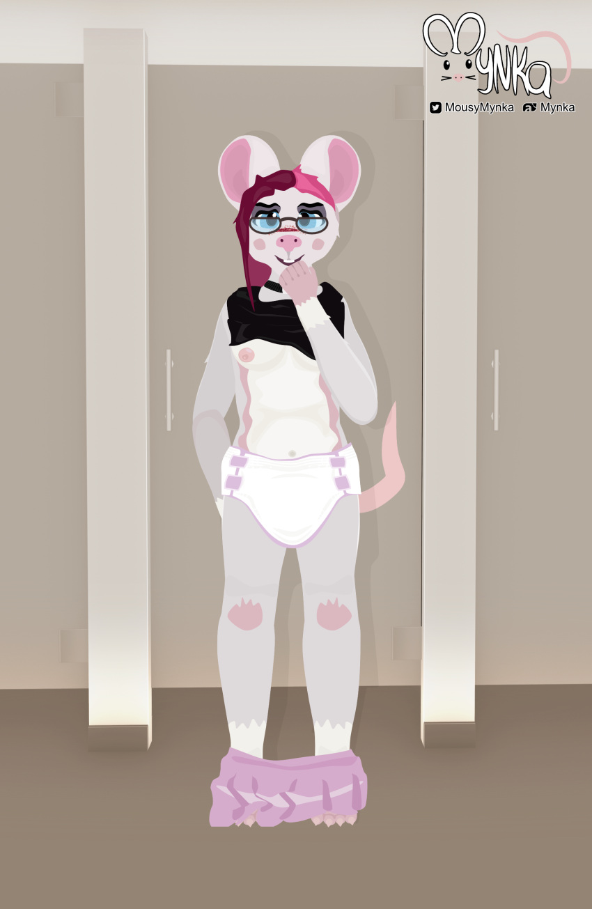 absurd_res anthro bathroom blush breasts clean_diaper clothed clothing diaper digital_media_(artwork) female hair hi_res infantilism looking_at_viewer mammal mouse murid murine mynka mynka_(fursona) nipples pink_hair public public_restroom rodent solo undressing wearing_diaper white_diaper