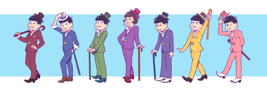 6+boys black_hair blue_background brothers brown_hair buck_teeth cane grin hand_on_own_hip hat hat_tip highres holding holding_cane iyami kabu_(bekka) male_focus matching_outfit matsuno_choromatsu matsuno_ichimatsu matsuno_jyushimatsu matsuno_karamatsu matsuno_osomatsu matsuno_todomatsu multiple_boys one_eye_closed osomatsu-kun osomatsu-san popped_collar sextuplets siblings smile teeth top_hat