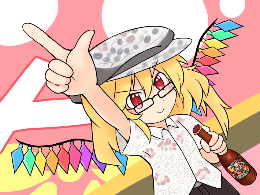 &gt;:) 1girl 216 alcohol beer beer_bottle beer_mug black-framed_eyewear blonde_hair collared_shirt cosplay cup dutch_angle flandre_scarlet grey_headwear hawaiian_shirt highres internet_survivor long_hair mug official_art one_side_up outstretched_arm pants pointing pointing_up rectangular_eyewear red_eyes shirt smile solo star_(symbol) star_in_eye symbol_in_eye touhou v-shaped_eyebrows white_shirt wings zun zun_(cosplay) zun_hat