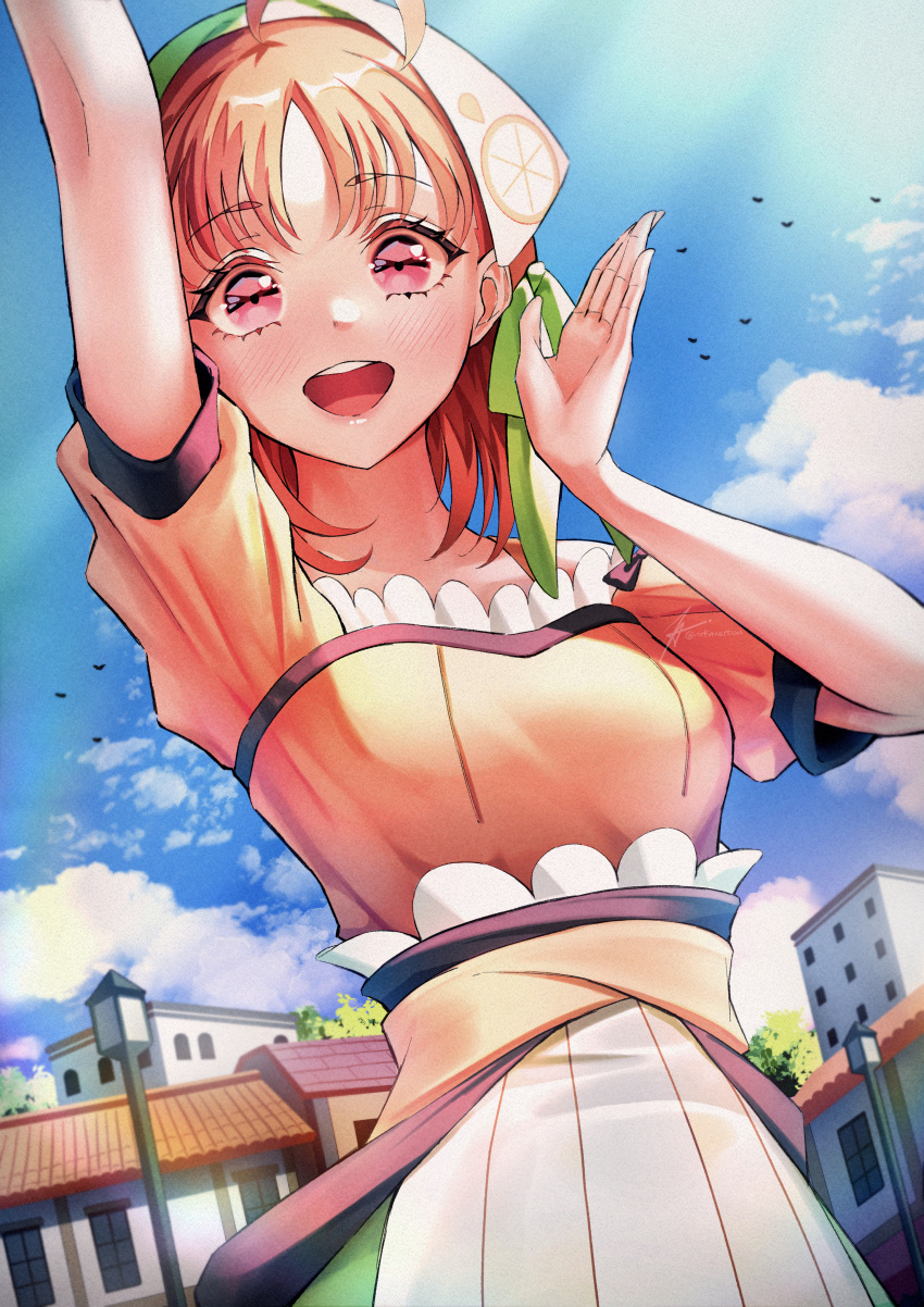 1girl absurdres ahoge arm_up bird birthday blue_sky blush breasts building cloud cloudy_sky commentary genjitsu_no_yohane highres lamppost love_live! love_live!_sunshine!! medium_breasts notinversion orange_hair red_eyes short_hair short_sleeves sky takami_chika upper_body