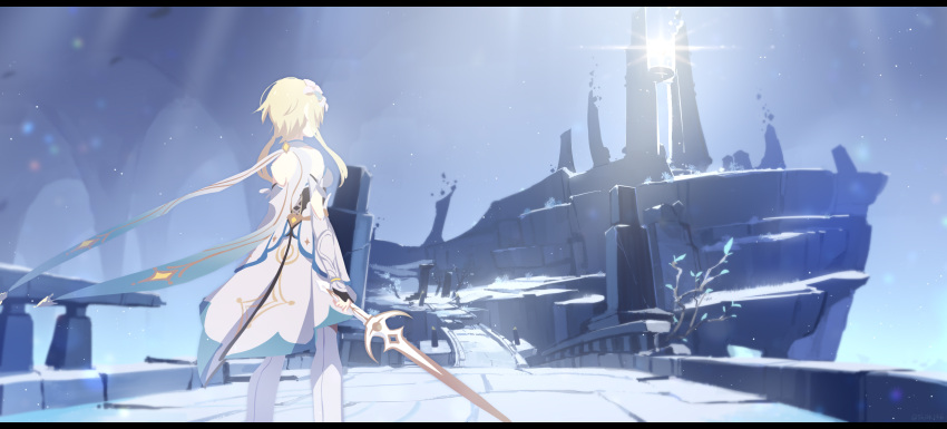 1girl black_gloves blonde_hair boots branch brick bridge commentary_request dress facing_away genshin_impact gloves gold_trim highres holding holding_sword holding_weapon in-universe_location light lumine_(genshin_impact) scarf scenery shiki_(shikki46) short_hair_with_long_locks solo sword thigh_boots vambraces weapon white_dress white_footwear white_scarf yellow_gemstone