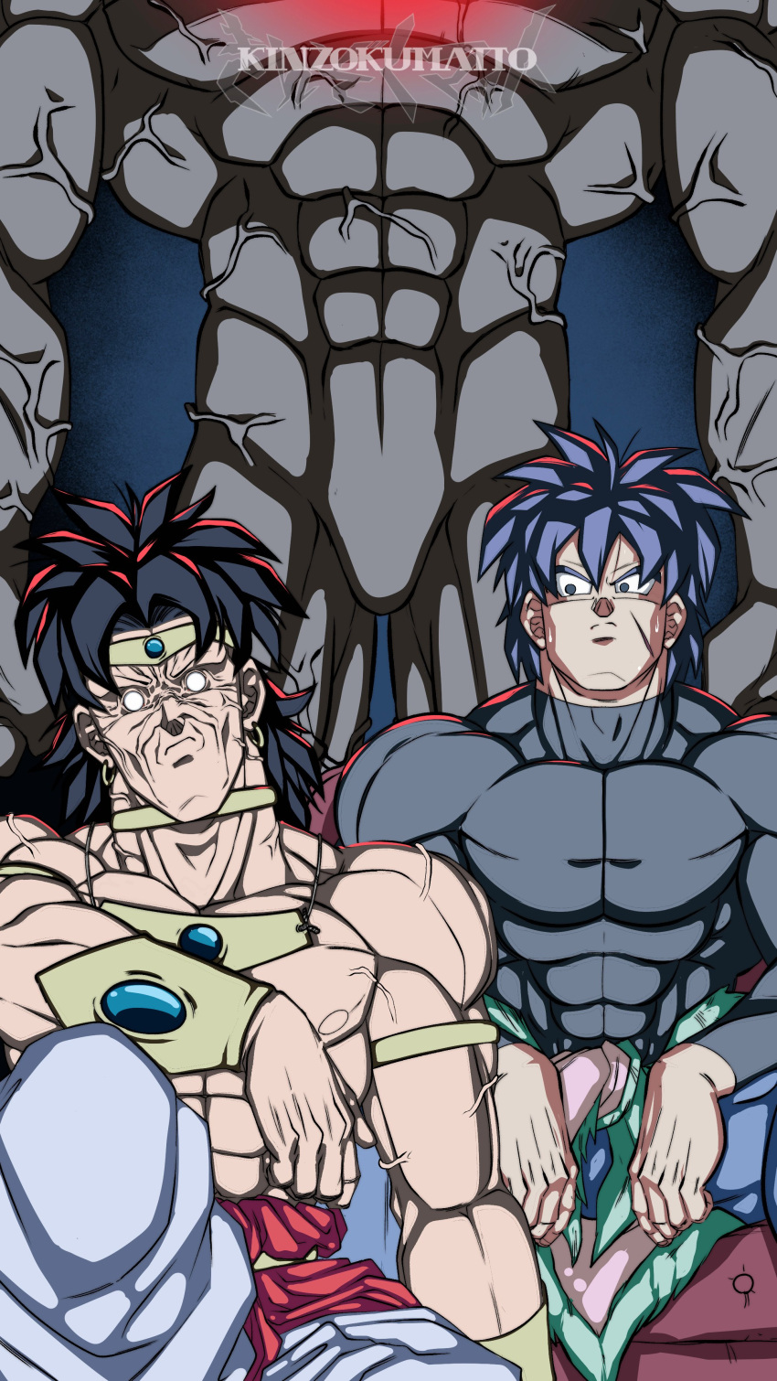 3boys abs absurdres armband bio_broly blank_eyes broly_(dragon_ball_super) broly_(dragon_ball_z) commentary couch dragon_ball dragon_ball_super dragon_ball_super_broly dragon_ball_z dual_persona earrings english_commentary frown glowing highres jewelry kinzokumatto male_focus multiple_boys muscular muscular_male neck_ribbon nude ribbon scar scar_on_cheek scar_on_face sitting topless turtleneck vambraces veins