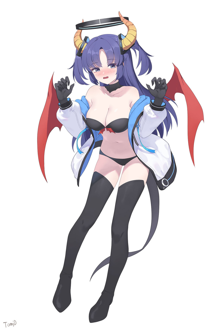 1girl black_bra black_gloves black_panties black_tail black_thighhighs blue_archive blush bra breasts cleavage collarbone demon_horns demon_wings gloves halo highres horns jacket large_breasts long_hair mechanical_halo multicolored_clothes multicolored_jacket open_mouth panties purple_eyes purple_hair red_wings signature simple_background solo thighhighs tomid two-tone_jacket two_side_up underwear white_background white_jacket wings yellow_horns yuuka_(blue_archive)